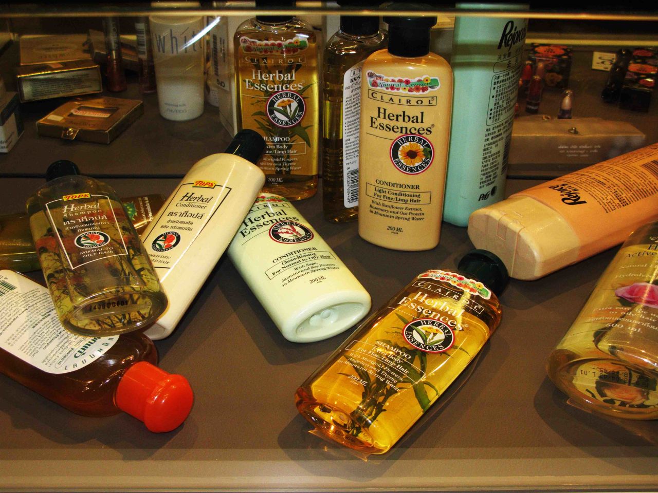Consumers are often unable to detect fake goods, such as these popular hair products, displayed in the Museum of Counterfeit Goods at the Tilleke & Gibbins law firm in Bangkok.