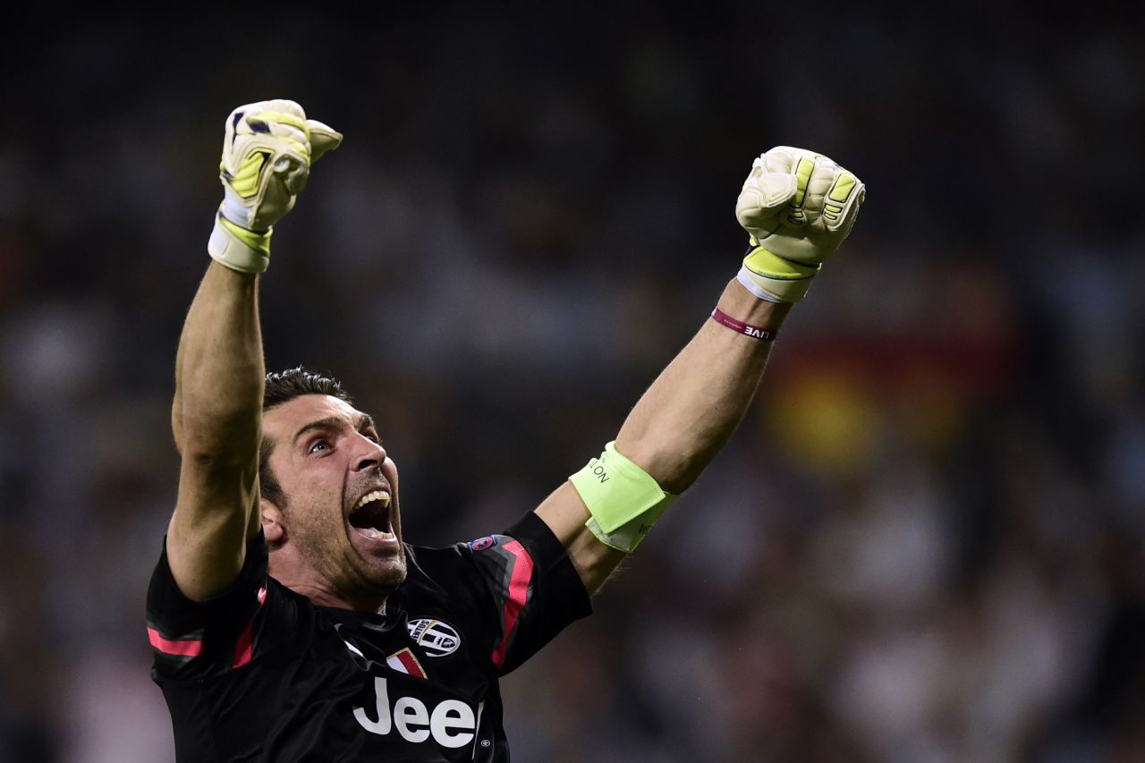 Juventus' goalkeeper and captain Gianluigi Buffon celebrates his team's equalizer in the Champions League semifinal second leg against Real Madrid.