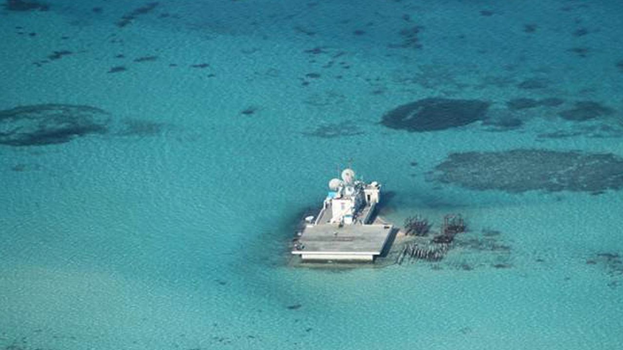 Island built onto a reef in a large-scale reclamation by China