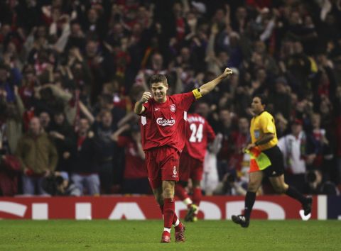 With less than five minutes left to play and needing one more goal to avoid Champions League elimination at the hands of Olympiakos, Gerrard -- in front of the Kop end -- ran onto Neil Mellor's header and hit the ball on the half volley, sending it arrowing into the bottom corner. The goal sparked scenes of delirium at Anfield and ensured Liverpool progressed out of the group stages.