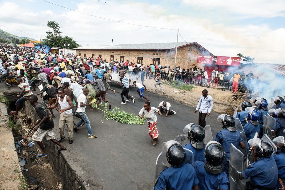 Burundi police and army forces face protesters on May 13 at a demonstration against Nkurunziza in Bujumbura.
