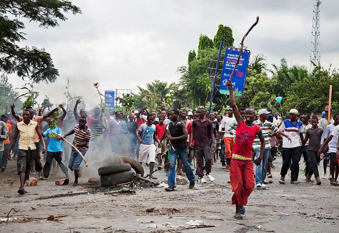 Demonstrators take part in a protest in Bujumbura on May 13.