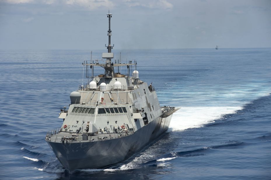 The USS Fort Worth (LCS 3) conducts patrols in international waters  of the South China Sea near the Spratly Islands as the Chinese guided-missile frigate Yancheng follows. The Fort Worth is a Freedom variant LCS. Ships of this variant are 387.6 feet in length with a beam of 57.7 feet and a displacement of 3,400 metric tons. Click through the gallery to see more of the LCS classes.