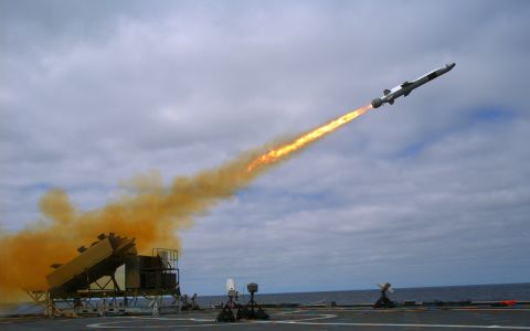 A Kongsberg Naval Strike Missile is launched from the littoral combat ship USS Coronado (LCS 4) during missile testing operations off the coast of Southern California in September 2014. The missile scored a direct hit on a mobile ship target.