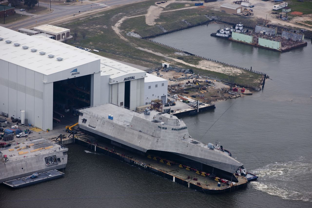 An aerial view of the future littoral combat ship USS Gabrielle Giffords (LCS 10), an Independence variant during its launch sequence in February 2015 at the Austal USA shipyard. The Navy has plans for 20 littoral combat ships.