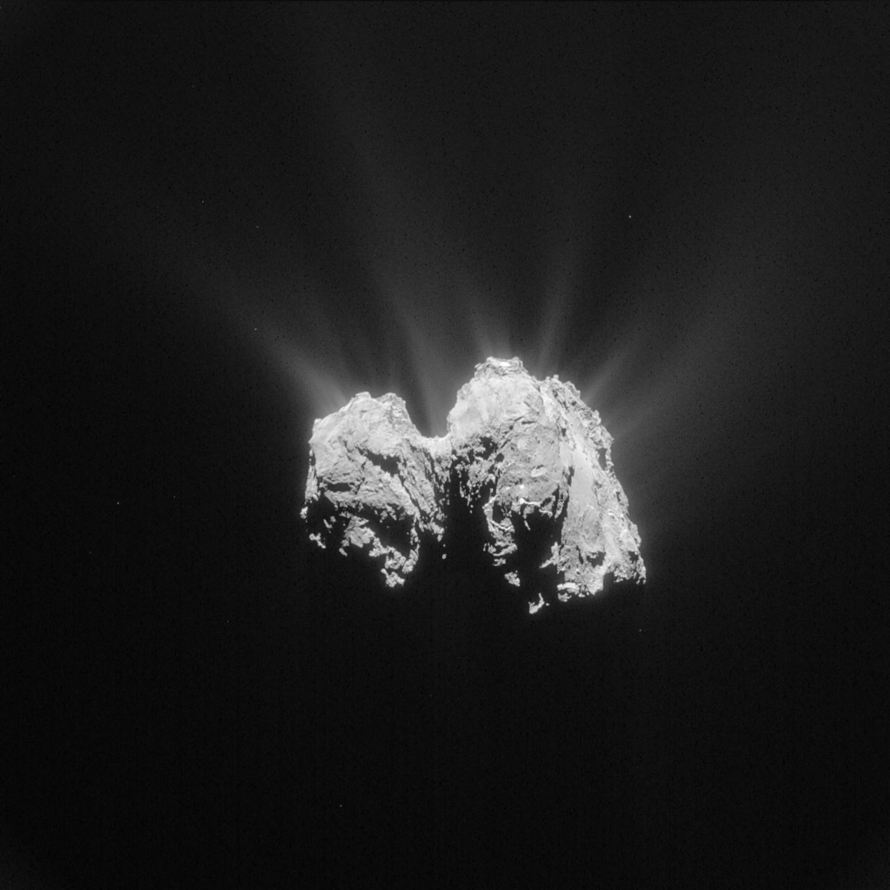 The Rosetta Mission is tracking Comet 67P/Churyumov-Gerasimenko on its orbit around the sun. This image was taken on May 3, 2015 at a distance of about 84 miles (135 km) from the comet's center.