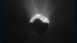 This single frame Rosetta navigation camera image of Comet 67P/Churyumov-Gerasimenko was taken on 15 April 2015 from a distance of 162 km from the comet centre. The image has a resolution of 14 m/pixel and measures 14 km across.