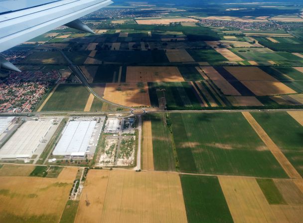 Hungarian student Adrienn Nagy was flying from Oslo to Budapest, where she took this shot. As a resident of Budapest, she recognized the traffic circle 17 miles from the city center, and decided to snap it. "I was happy, because I never seen it that high up from a plane," she recalls.