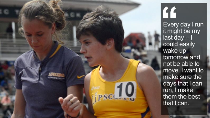 The college student is a runner unlike any other -- every time she competes in a race, she knows she'll collapse in a sobbing heap at the finish line, with numb legs. <a href="index.php?page=&url=https%3A%2F%2Fwww.cnn.com%2F2015%2F05%2F20%2Fsport%2Fkayla-montgomery-multiple-sclerosis-athletics-feat%2Findex.html" target="_blank">Read more</a>