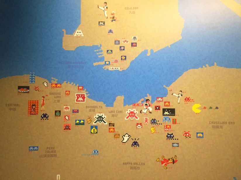 This map shows the locations of all the artworks that Invader installed in Hong Kong from 2001 to 2014 -- the first four invasions he did in Hong Kong.