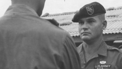 Army Command Sgt. Maj. Bennie G. Adkins is cited for his action at Camp A Shau in Vietnam in 1966, where the Army says he killed 135 to 175 enemy troops during a battle.