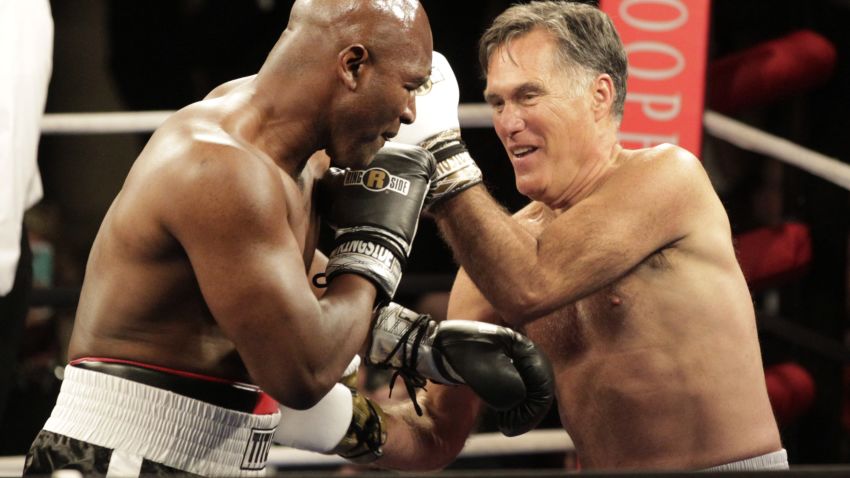 Caption:SALT LAKE CITY, UT - MAY 15: Mitt Romney and Evander Holyfield fight in a charity boxing event on May 15, 2015 in Salt Lake City, Utah. The event was held to raise money for 'Charity Vision' a charity that aims to restore sight to the blind and visually impaired. (Photo by George Frey/Getty Images)
