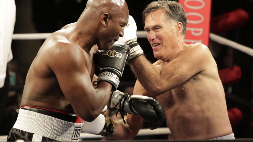 Caption:SALT LAKE CITY, UT - MAY 15: Mitt Romney and Evander Holyfield fight in a charity boxing event on May 15, 2015 in Salt Lake City, Utah. The event was held to raise money for 'Charity Vision' a charity that aims to restore sight to the blind and visually impaired. (Photo by George Frey/Getty Images)
