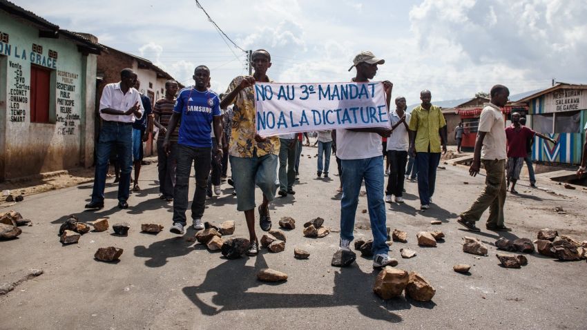 People demonstrate against Burundi President Pierre Nkurunziza's bid for the 3rd term in Nyakabiga neighborhood in Bujumbura on Saturday, May 16.