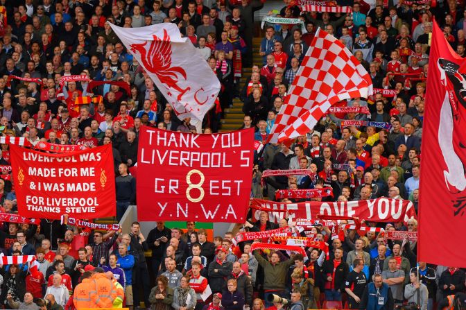The banners in the crowd say it all. Liverpool supporters pay their tributes to Gerrard.