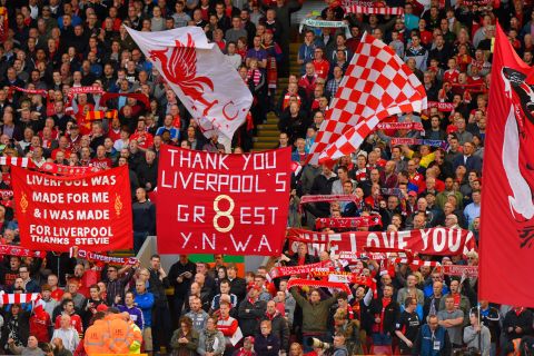 The banners in the crowd say it all.  Liverpool supporters pay their tributes to Gerrard.