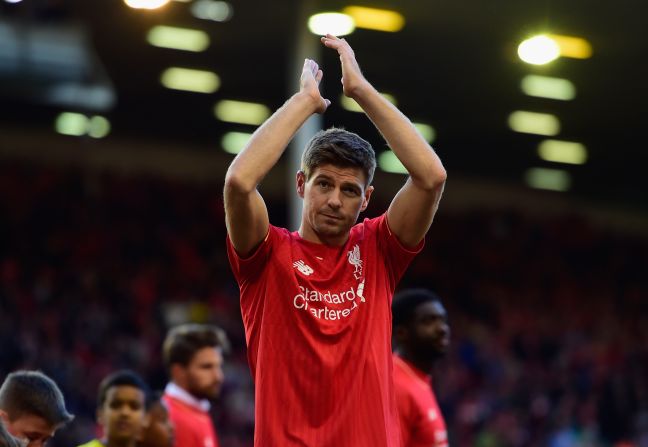 Steven Gerrard waves to the Anfield faithful at the end of his final home match as a permanent Liverpool player.