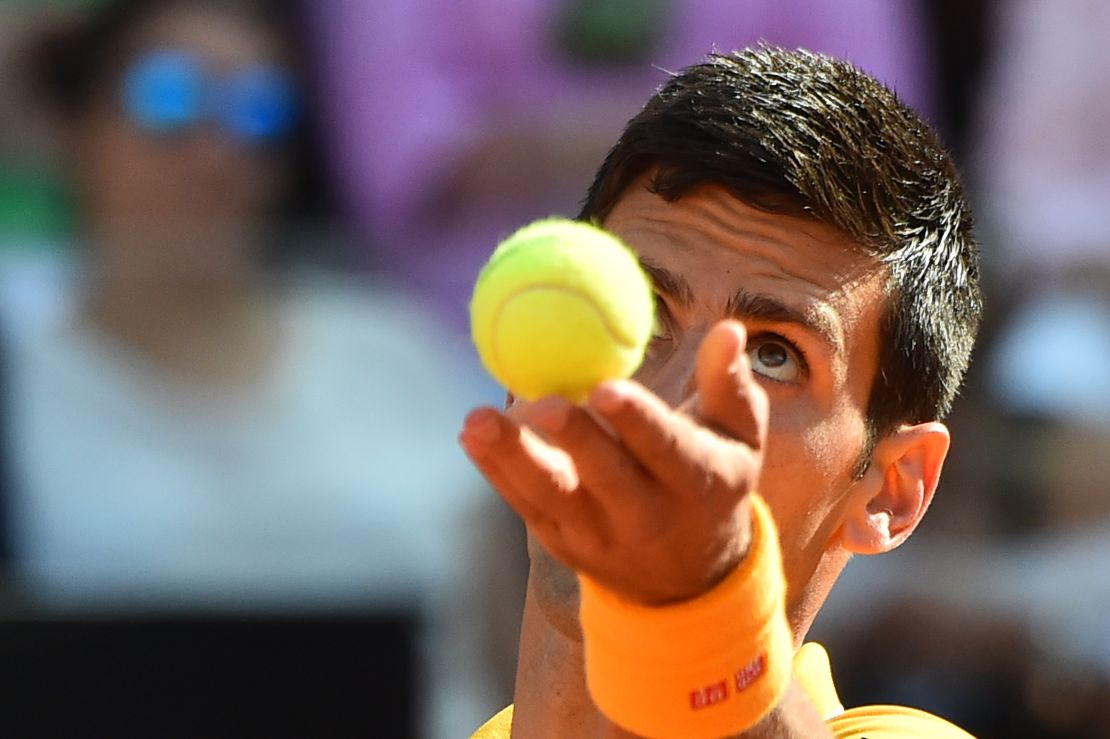 Novak Djokovic prepares to serve during the final of the 2015 Rome Masters.