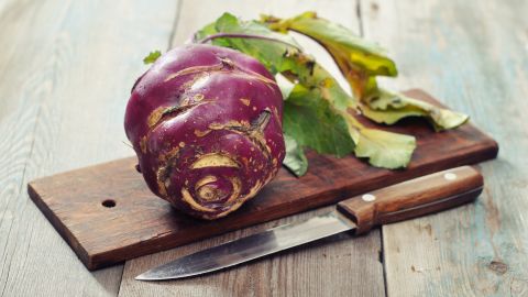 This trendy tuber's white flesh tastes like a combo of cucumber and broccoli and is an excellent <a href="http://www.fruitsandveggiesmorematters.org/kohlrabi" target="_blank" target="_blank">source</a> of vitamin C and fiber. Choose purple or green bulbs that are firm and heavy, with no bruises or cracks. Roast or steam, create a slaw, puree into a creamy soup, or mold into fritters. Some also cook the greens.