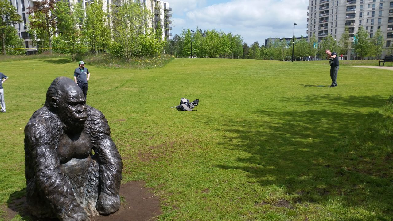 An unusual site in east London, a gorilla statue blocks the path to hole 13.