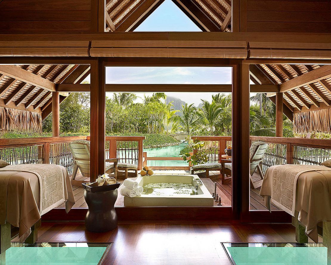 The spa's Kahaia suite has an outdoor terrace, soaking bath and views over Mount Otemanu.  