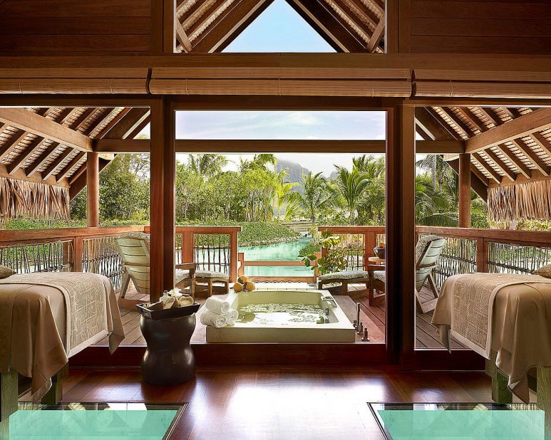 <strong>Spa at Four Seasons Resort Bora Bora (French Polynesia):</strong> While most treatments can be performed in guest bungalows, the spa's spacious Kahaia suite -- with its outdoor terrace, soaking bath and views over Mount Otemanu -- is hard to beat. 