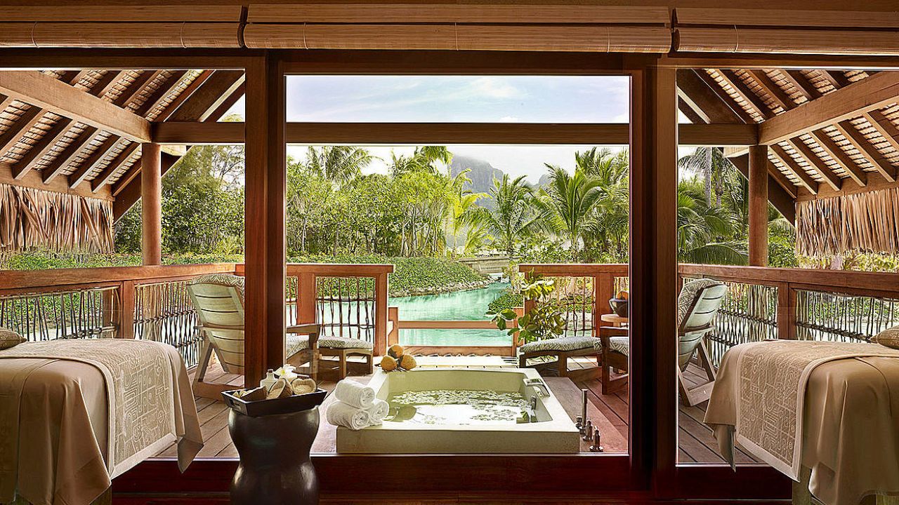 The spa's Kahaia suite has an outdoor terrace, soaking bath and views over Mount Otemanu.  