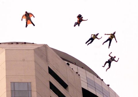 Here five Norwegians freefall from what was Thailand's tallest building in 2000.