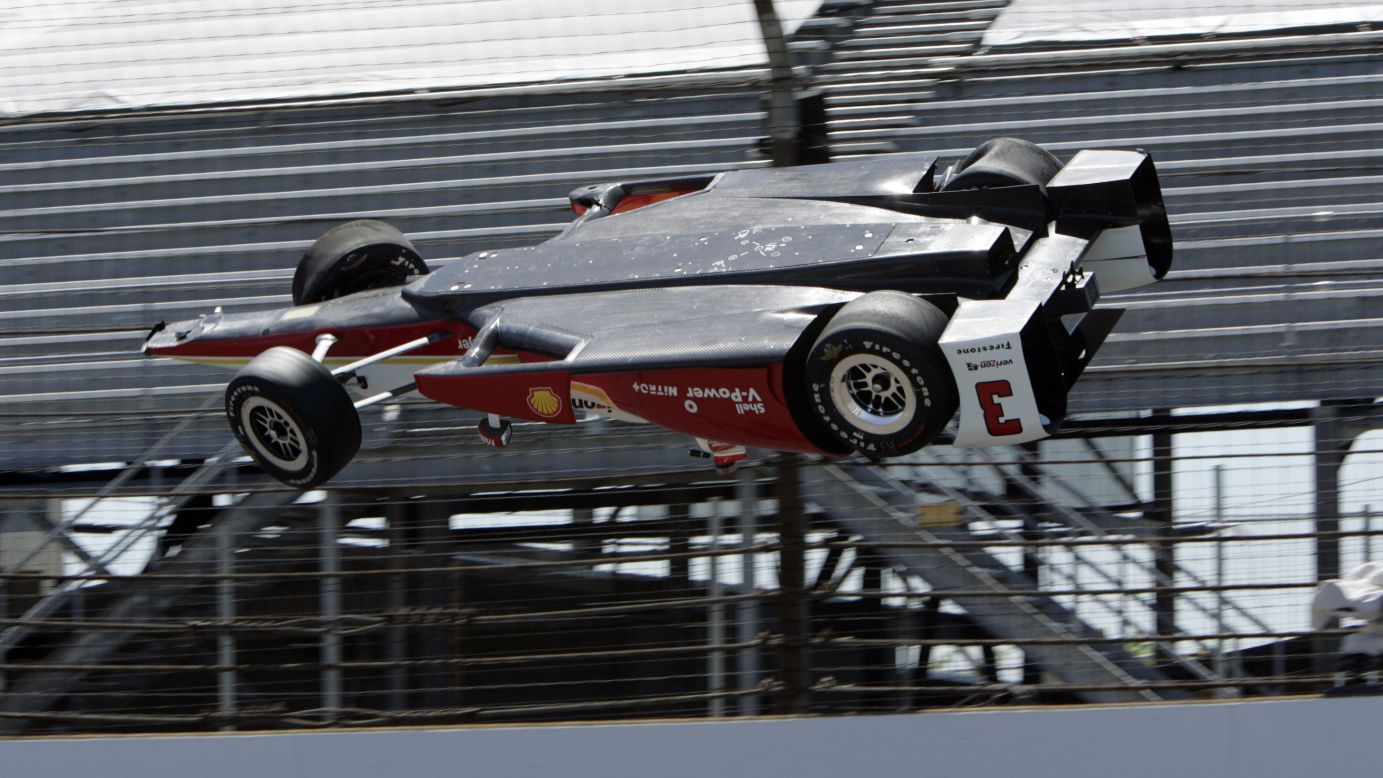 The car driven by Helio Castroneves goes airborne Wednesday, May 13, during a practice run for the Indianapolis 500. Castroneves was not hurt in the wreck. "I just brushed the wall, and unfortunately the car just took off," <a href="http://www.cnn.com/2015/05/15/motorsport/castroneves-indy-500-crash-motorsport/" target="_blank">the Brazilian told CNN.</a>