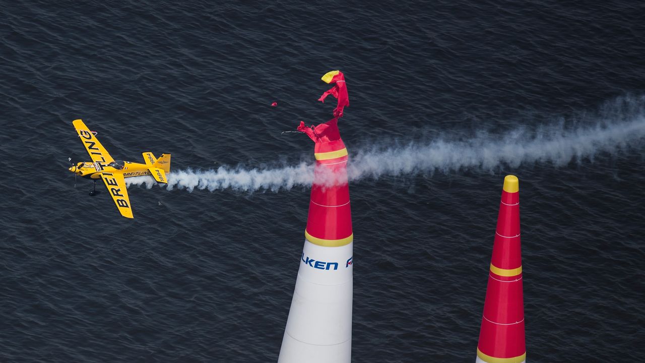 Francois Le Vot hits a pylon Sunday, May 17, while competing in the Red Bull Air Race in Chiba, Japan.