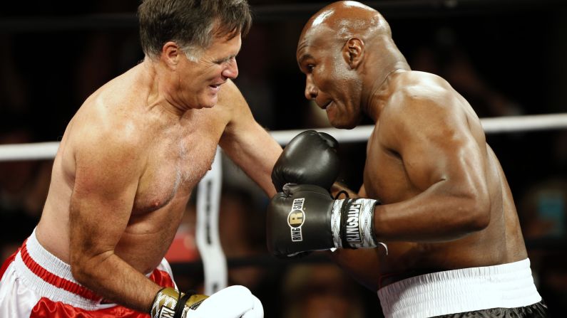 Former presidential candidate Mitt Romney, left, <a href="index.php?page=&url=http%3A%2F%2Fwww.cnn.com%2F2015%2F05%2F16%2Fpolitics%2Fmitt-romney-boxing-evander-holyfield-rumble%2F" target="_blank">boxes former heavyweight champion Evander Holyfield</a> during a charity event Friday, May 15, in Salt Lake City. The bout raised money for CharityVision, an organization that provides surgeries to heal blindness.
