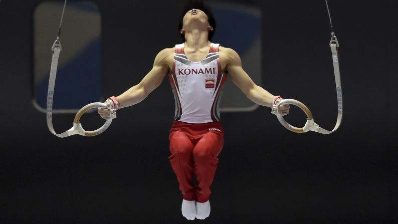 Japanese gymnast Kohei Uchimura competes on the rings during the NHK Cup event Sunday, May 17, in Tokyo. Uchimura, who won Olympic gold in the 2012 all-around, <a href="index.php?page=&url=http%3A%2F%2Fwww.japantimes.co.jp%2Fsports%2F2015%2F05%2F17%2Fmore-sports%2Fgymnastics%2Fuchimura-sugihara-claim-titles-nhk-cup%2F%23.VVpK0Te1qMU" target="_blank" target="_blank">won the NHK Cup</a> for the seventh straight time.