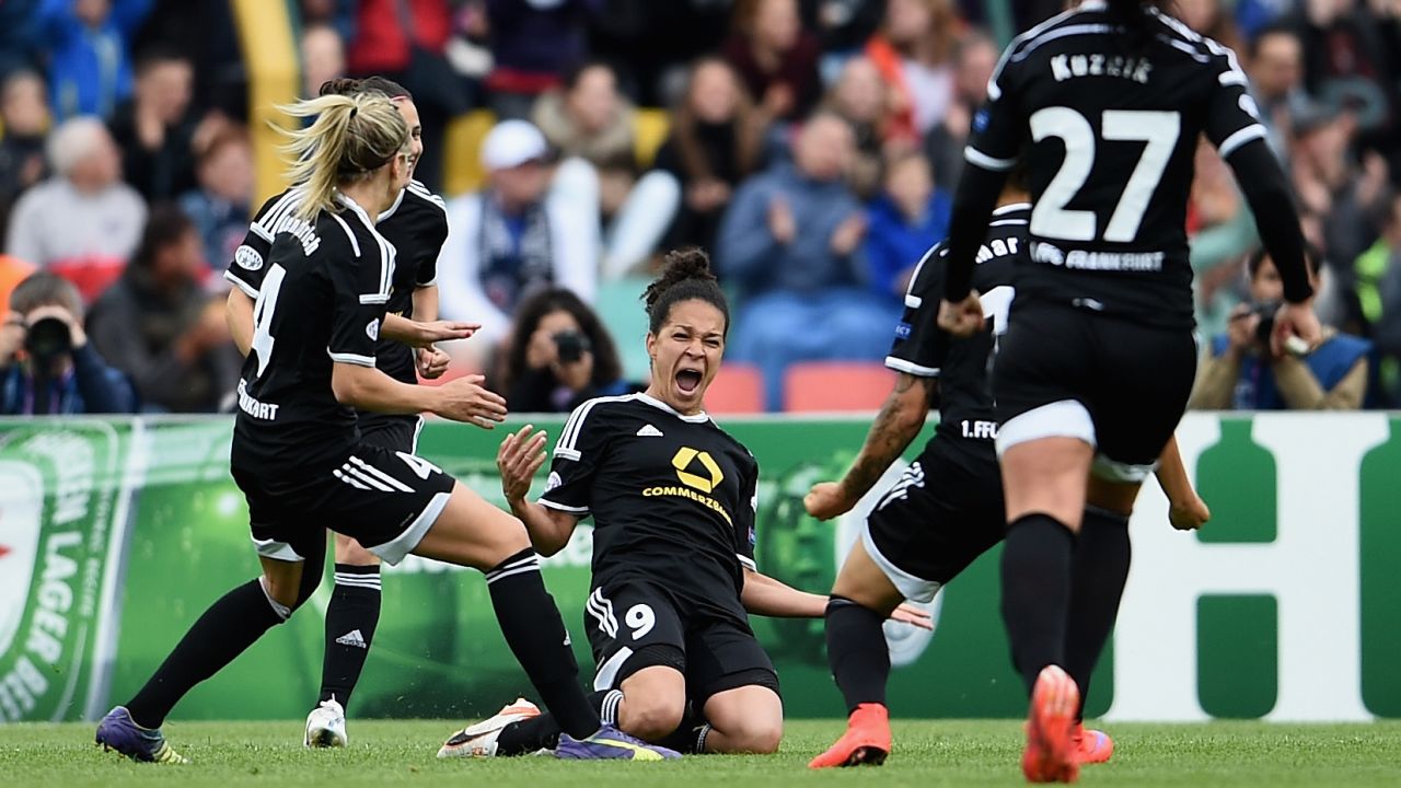 Celia Sasic, center, celebrates after scoring for Frankfurt during the first half of the UEFA Women's Champions League Final, which was played Thursday, May 14, in Berlin. The German club defeated Paris St. Germain 2-1 with a late goal from Mandy Islacker. It is the fourth time that Frankfurt has won the European tournament.
