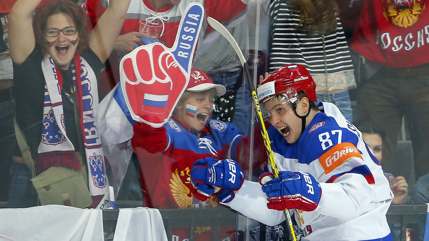 Russia's Vadim Shipachyov celebrates after scoring a goal against the United States during the semifinals of the Ice Hockey World Championship on Saturday, May 16.
