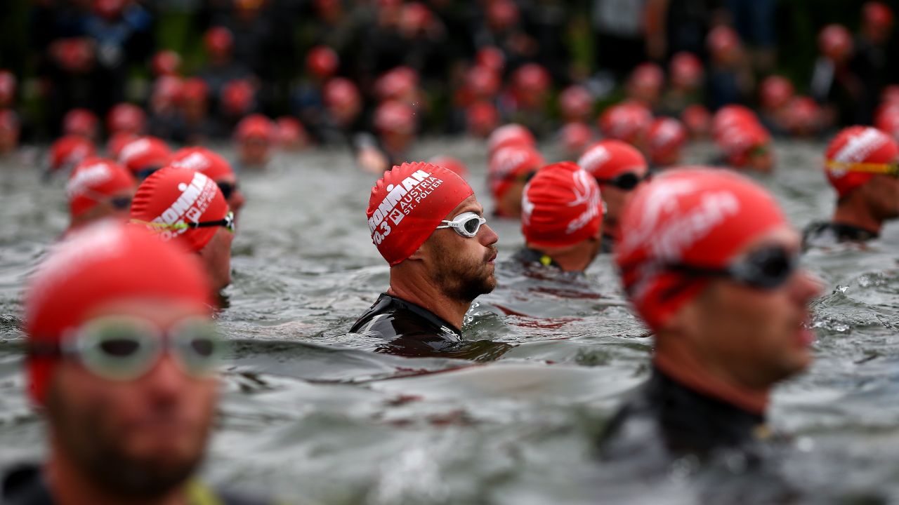Participants await the start of the Half Ironman event held Sunday, May 17, in St. Polten, Austria.