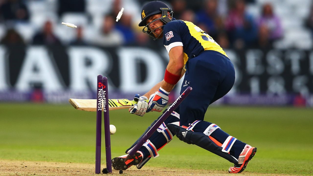Warwickshire's Laurie Evans is bowled by Nottinghamshire's Luke Fletcher on Friday, May 15, during a T20 Blast match in Nottingham, England.