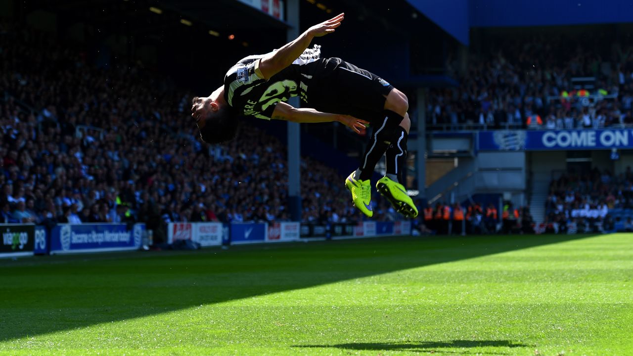 Newcastle's Emmanuel Riviere flips after scoring the opening goal in a Premier League match against Queens Park Rangers on Saturday, May 16. QPR came back to win the match 2-1 in London. 