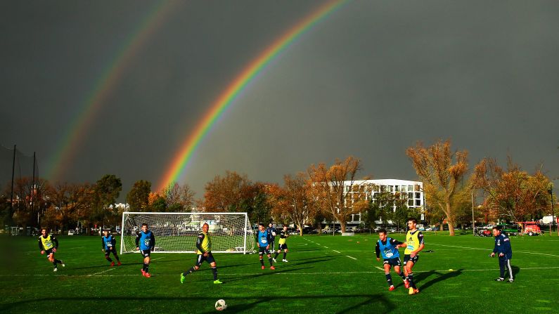 A double rainbow forms over a training session for the Melbourne Victory soccer club on Tuesday, May 12. <a href="index.php?page=&url=http%3A%2F%2Fwww.cnn.com%2F2015%2F05%2F12%2Fsport%2Fgallery%2Fsports-what-a-shot-0512%2Findex.html" target="_blank">See 42 amazing sports photos from last week</a>