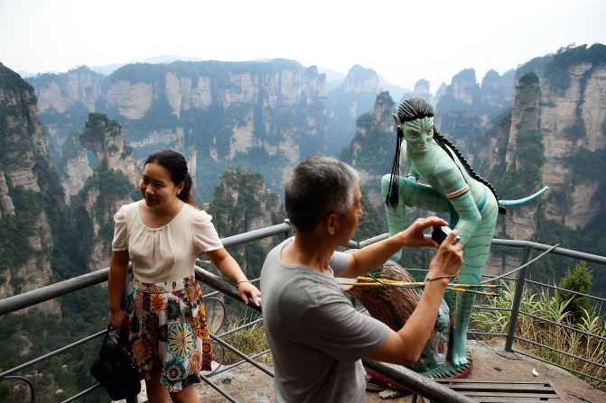 An Avatar sculpture atop Tianzi Mountain. The location and it surroundings are said to have inspired James Cameron's film "Avatar." 