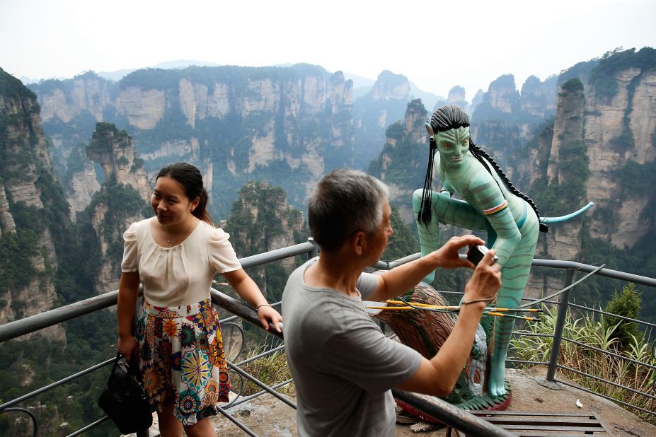 An Avatar sculpture atop Tianzi Mountain. The location and it surroundings are said to have inspired James Cameron's film "Avatar." 
