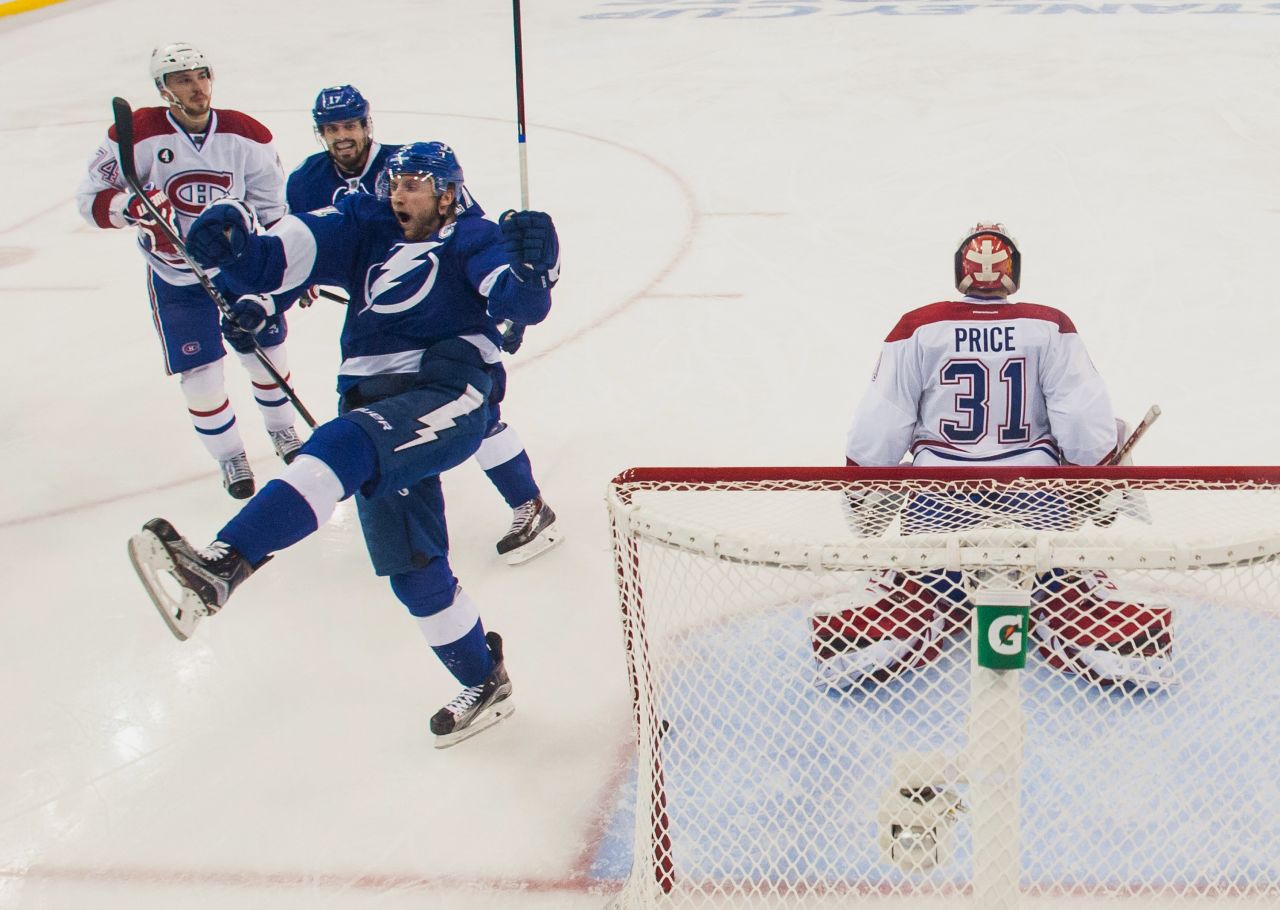 Tampa Bay's Steven Stamkos celebrates after scoring against Montreal's Carey Price in Game 6 of the NHL Eastern Conference semifinals on Tuesday, May 12. Tampa Bay won 4-1 to advance to the next round of the playoffs.