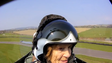 Joy Lofthouse, in an image from the BBC, got a chance to go up in a Spitfire again to mark the 70th anniversary of the Allied victory in Europe.