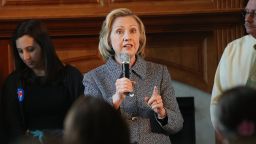 Democratic presidential hopeful and former U.S. Secretary of State Hillary Clinton speaks during a grassroots-organizing event at the home of Dean Genth and Gary Swenson on May 18, 2015 in Mason City, Iowa. Clinton is scheduled to host a small business roundtable discussion on May 19, in Cedar Falls, Iowa.