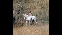 Miley Cyrus riding a white horse for a photoshoot in California Jan25, 2009 X17online.com exclusive