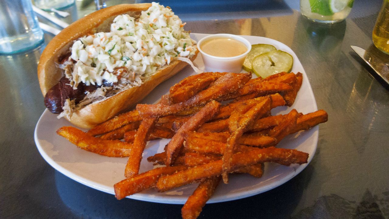 No. 7-ranked HogsHead Cafe offers barbecue classics as well as a bold deep fried bacon-wrapped hot dog topped with pulled pork and coleslaw.