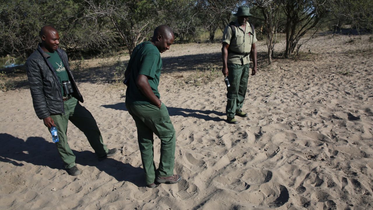 Trackers search for rhino prints near a watering hole. 