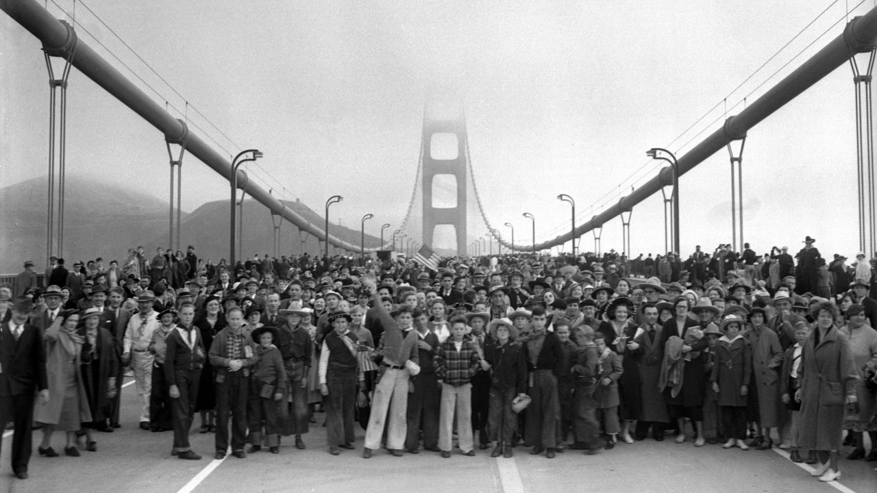 The Golden Gate Bridge, which spans the San Francisco Bay and connects the city to its northern suburbs, is one of the world's most famous structures. Its construction 78 years ago over a deep, treacherous channel was a marvel of modern engineering. In this photo, pedestrians walk across the bridge on May 27, 1937 -- one day before it opened to vehicular traffic. Click through to see other photos of the bridge's construction and grand opening.