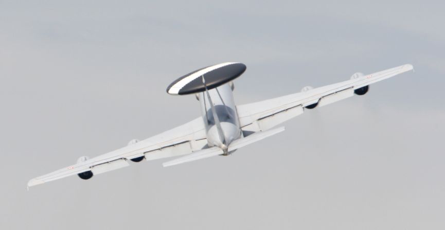 A Boeing E-3 Sentry AWACS performs a flying display at the 47th International Paris Air Show on the last day of the event in 2007. The plane is known for its distinctive rotating radar dome.