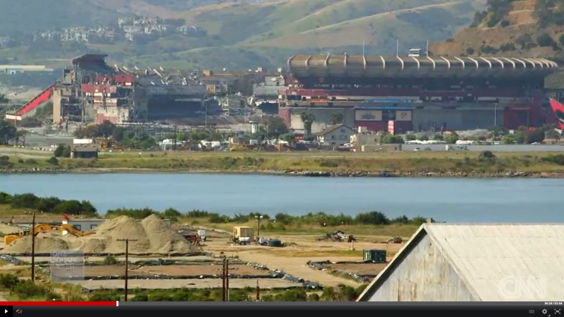 The world famous Candlestick Park stadium is glimpsed from afar across San Francisco Shipyard.