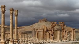 Caption:A picture taken on March 14, 2014 shows Syrian citizens riding their bicycles the ancient oasis city of Palmyra, 215 kilometres northeast of Damascus. From the 1st to the 2nd century, the art and architecture of Palmyra, standing at the crossroads of several civilizations, married Graeco-Roman techniques with local traditions and Persian influences. AFP PHOTO/JOSEPH EID (Photo credit should read JOSEPH EID/AFP/Getty Images)